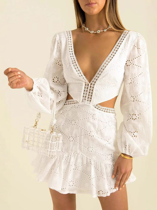 V-neck lace waist open dress