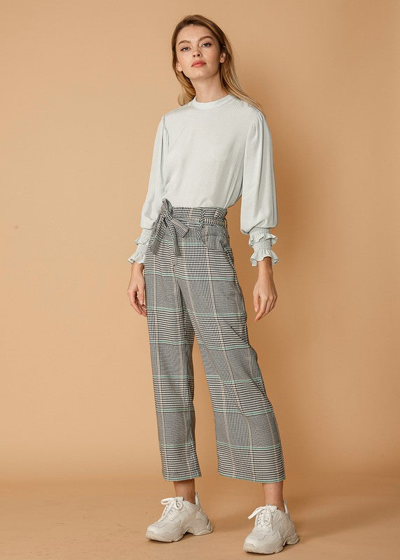 Glen Plaid Tie Waist Cropped Pants