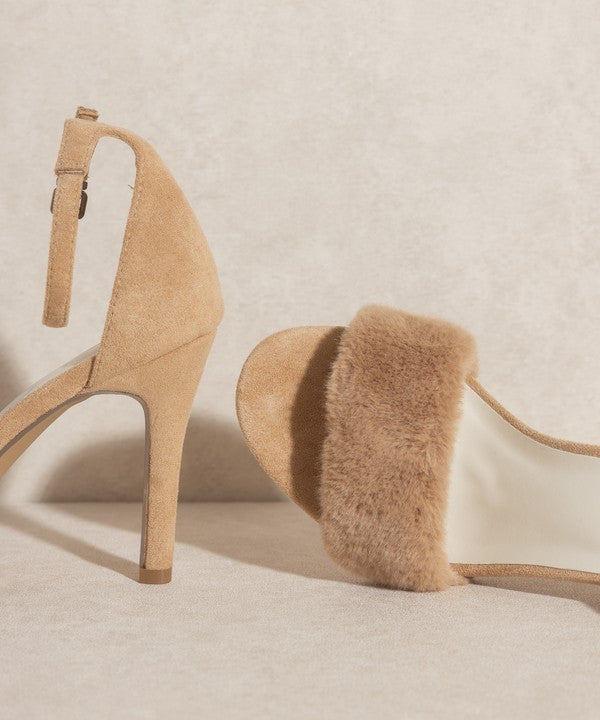 Fur-trimmed Strap Feather Heels
