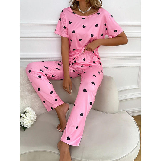 Women's heart print short-sleeved casual pajama sets