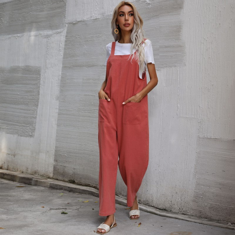 Trendy cotton and linen lazy style pure color sleeveless suspenders one-piece overalls for women