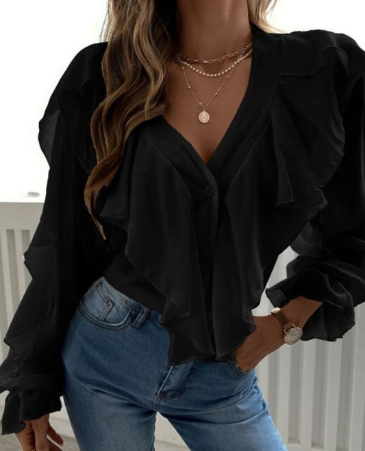 V Neck Ruffle Top Shirt Long Sleeves