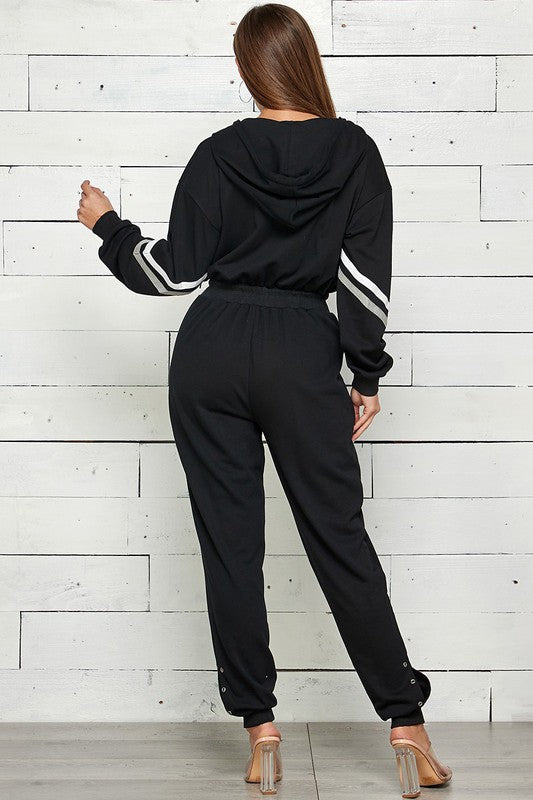 French Terry Striped Front Zipper Jogger Jumpsuit.