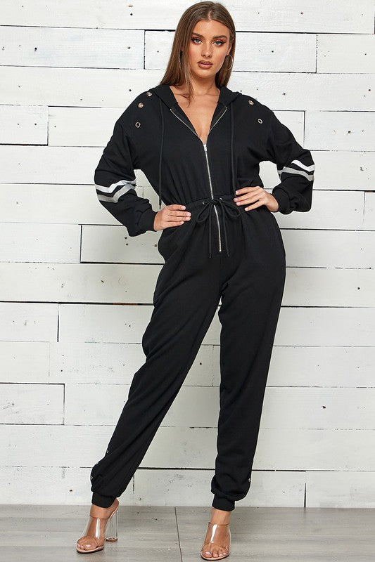French Terry Striped Front Zipper Jogger Jumpsuit.