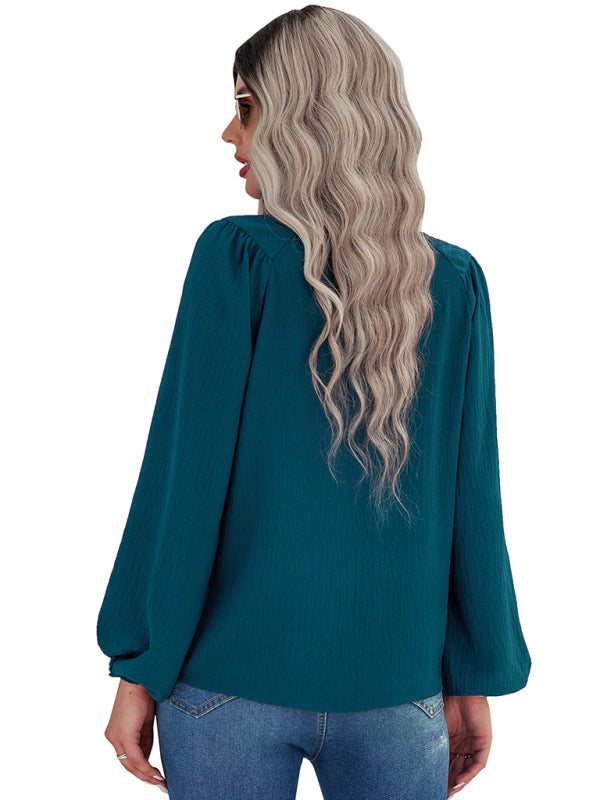 Women's casual loose round neck solid color pullover shirt