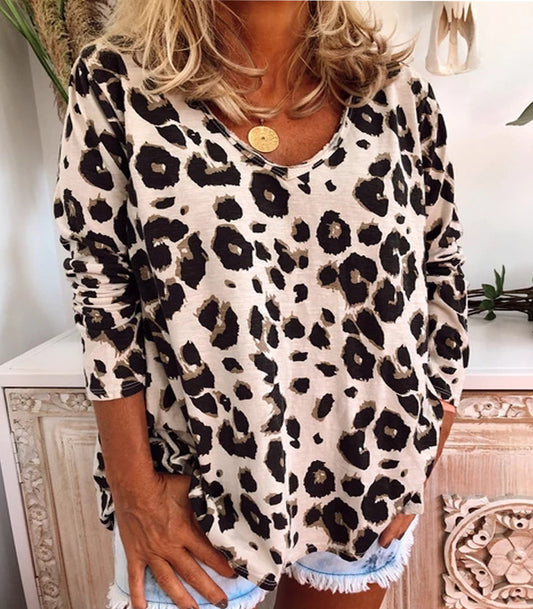 Women's leopard print full-print V-neck long-sleeved T-shirt