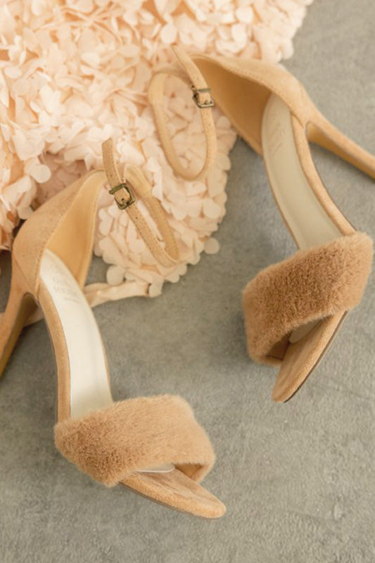 Fur-trimmed Strap Feather Heels