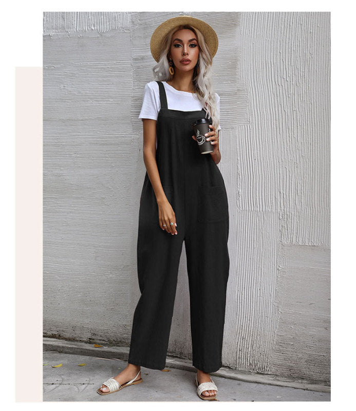 Trendy cotton and linen lazy style pure color sleeveless suspenders one-piece overalls for women