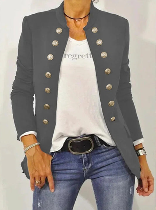 Women's Solid Color Stand Collar Button Up Casual Jacket