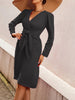 Long-sleeved pullover dress v-neck zipper solid color belt waist mid-length dress women's clothing
