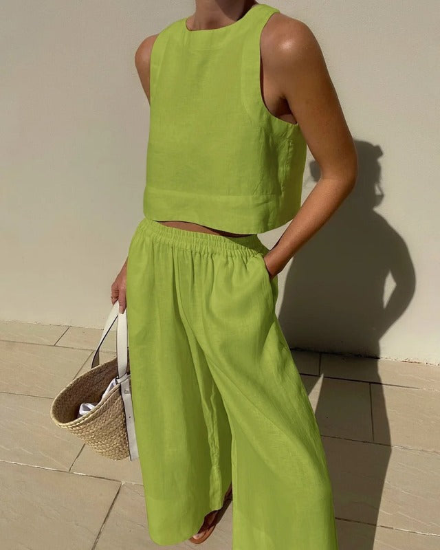 New casual loose solid color sleeveless shirt trousers two-piece set