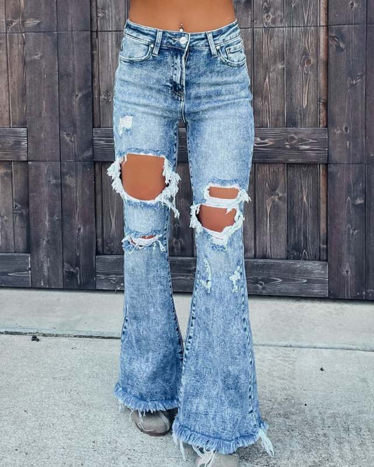 New women's ripped tassel flared jeans