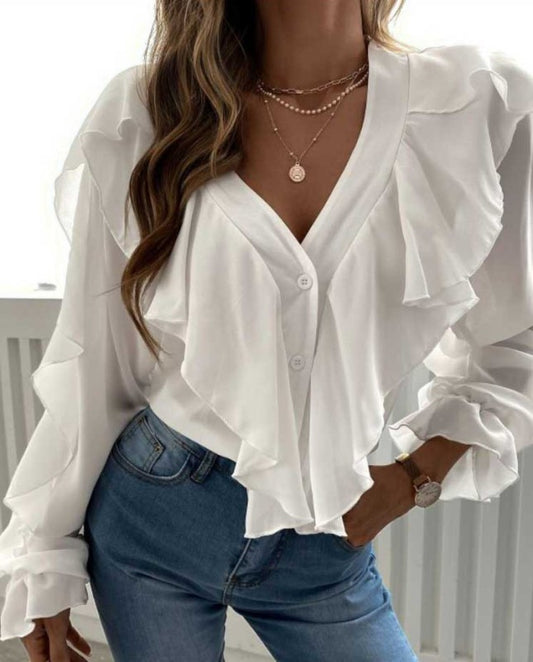 V Neck Ruffle Top Shirt Long Sleeves