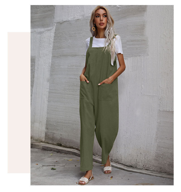 Trendy cotton and linen lazy style pure color sleeveless suspenders one-piece overalls for women