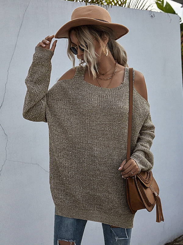 women's solid color knitted square neck off shoulder bottoming sweater with long sleeves