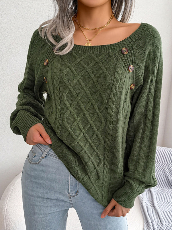 Women's Square Neck Button Twist Knit Pullover Sweater