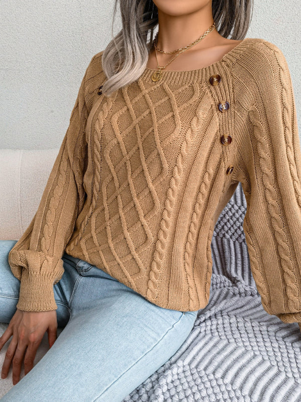 Women's Square Neck Button Twist Knit Pullover Sweater