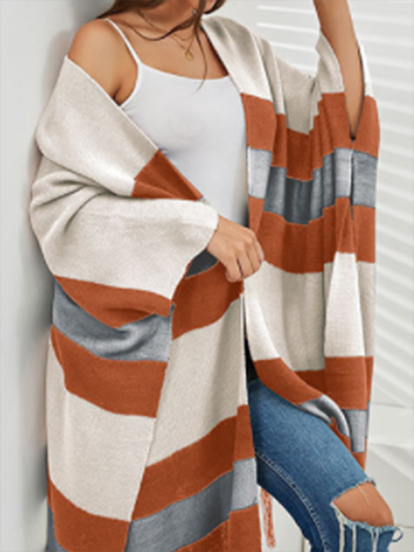 Women's Striped Fringe Knit Shawl Sweater.