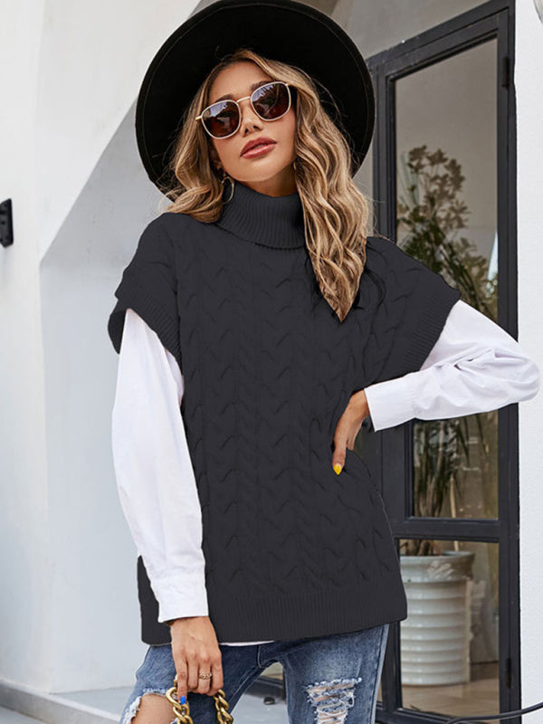 Women’s Turtle Neck Contrast Cable Knit Sweater Pairs With Shirt Texture On The Sleeves
