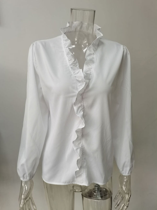 Women’s All Around Ruffled Hem Button Down Blouse With Long Cuffed Sleeves