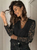 Women’s Solid Color With Lace Long Sleeve V Neck Knit Blouse
