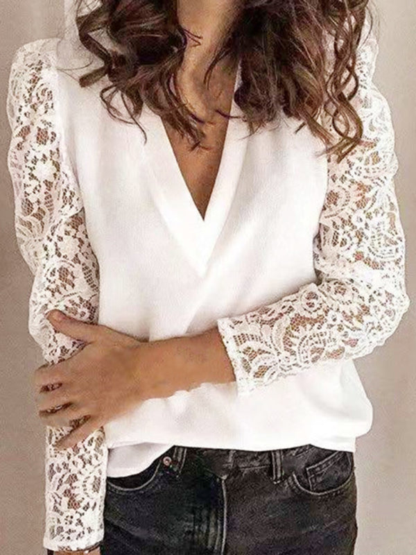 Women’s Solid Color With Lace Long Sleeve V Neck Knit Blouse