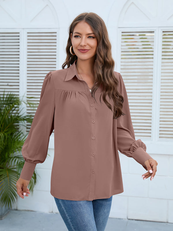 Women’s Solid Color Loose Fit Collared Button Down Blouse With Pleated Hem And Puffed Sleeves