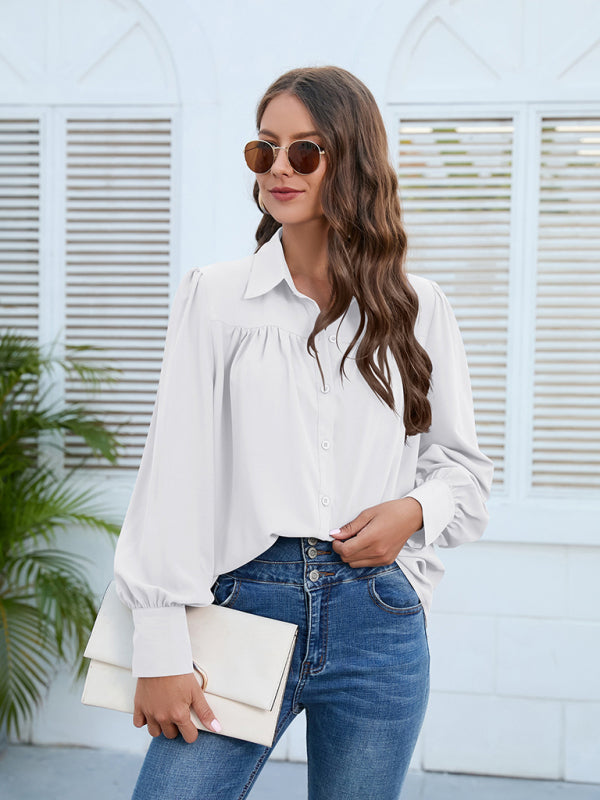 Women’s Solid Color Loose Fit Collared Button Down Blouse With Pleated Hem And Puffed Sleeves
