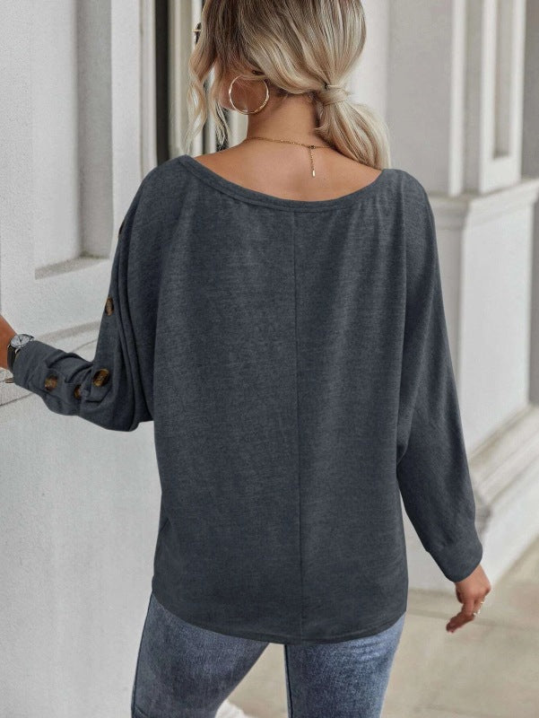 Women’s Solid Color Relaxed Buttons Long Sleeve T Shirt