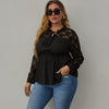 Women’s Plus Size Solid Color Split Neck With Ties Lace Long Sleeve Blouse