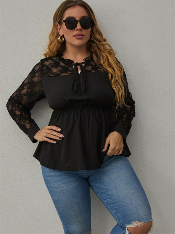 Women’s Plus Size Solid Color Split Neck With Ties Lace Long Sleeve Blouse