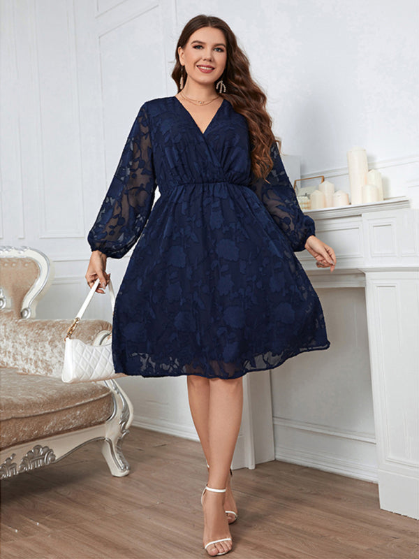 Women’s Plus Size Solid Color Lace Puff Long Sleeve V Neck Mademoiselle Lace Midi Dress