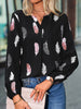 V Neck Feather Print Long Sleeve Oversized T-Shirt Shirt