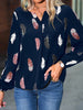 V Neck Feather Print Long Sleeve Oversized T-Shirt Shirt