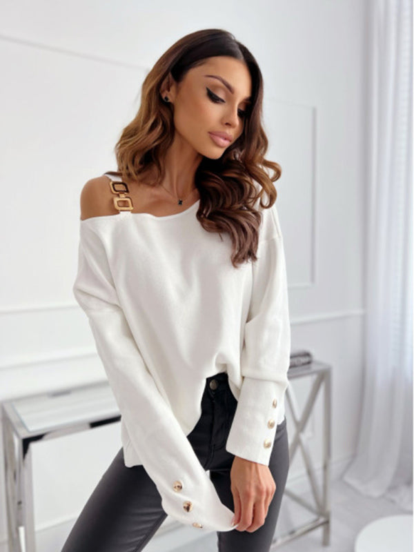 Women’s Chic Solid Color Asymmetric Neckline Embellished Long Sleeves Sweater