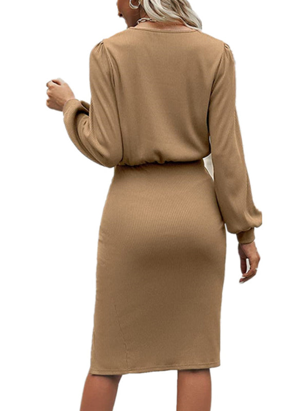 Women’s Solid Color Crew Neck Puff Sleeve Ruched Slit Hem Midi Dress