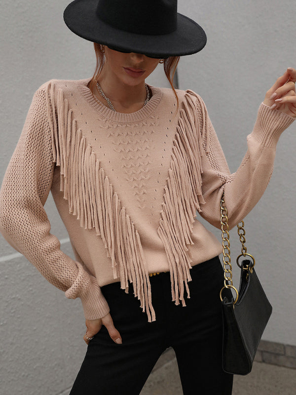 Pullover loose solid color knit fringed sweater