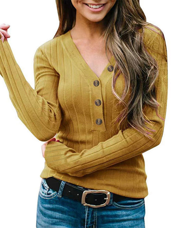 Women's Clothing V Neck Button Solid Color Long Sleeve Knitted Sweater Women's T-Shirt