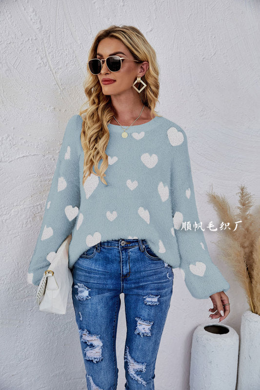 Valentine's Day Knitted Heart Round Neck Knit Pullover Long Sleeve Sweater Women
