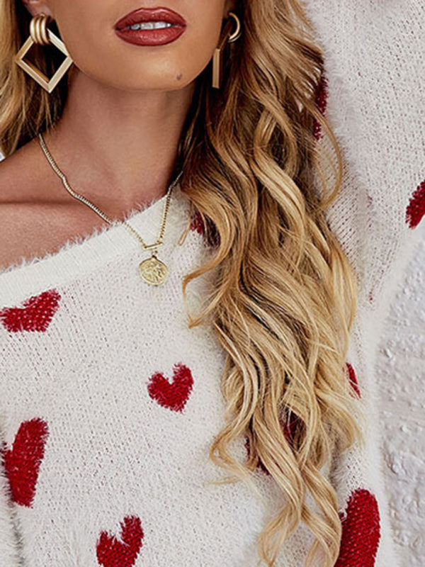 Valentine's Day Knitted Heart Round Neck Knit Pullover Long Sleeve Sweater Women