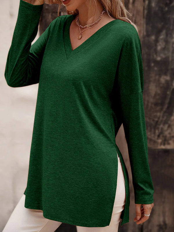 Women's casual solid color simple V-neck slit long-sleeved T-shirt