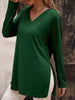 Women's casual solid color simple V-neck slit long-sleeved T-shirt