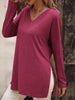 Women's casual solid color simple V-neck slit long-sleeved T-shirt