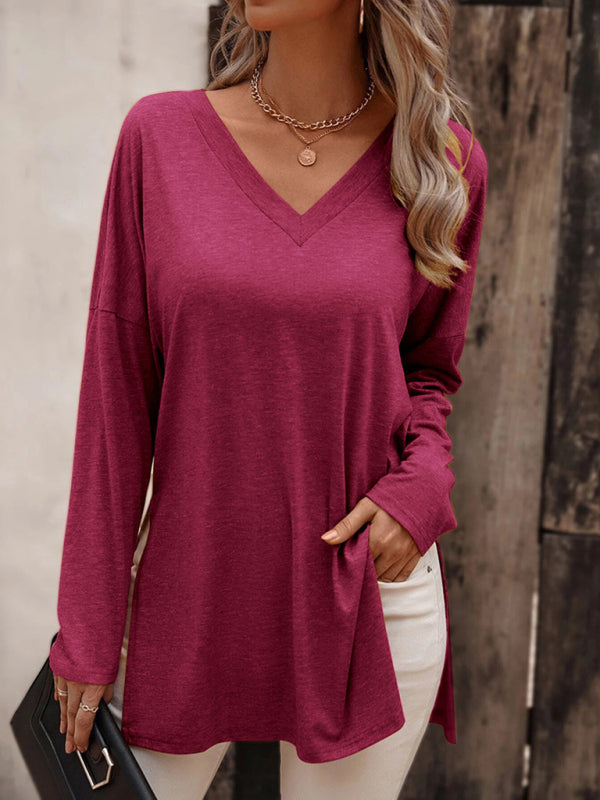 Women's casual solid color simple V-neck slit long-sleeved T-shirt