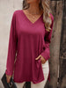 Women's casual solid color simple V-neck slit long-sleeved T-shirt
