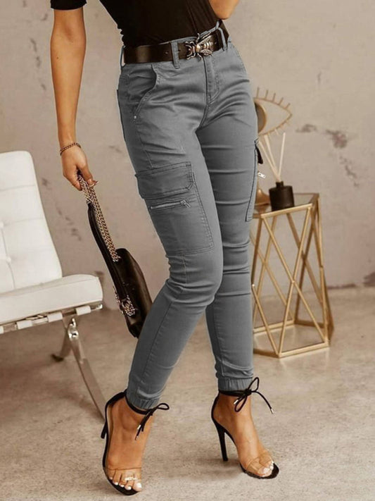 Women's trousers Low waist button solid color pocket bound overalls