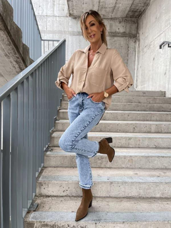 Women's new simple solid color pull-sleeve V-neck button lapel shirt