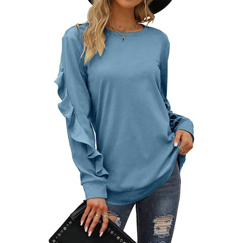 New casual round neck sweater pleated long-sleeved top