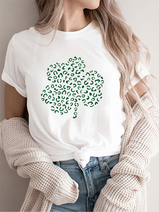 Women's Crew Neck Graphic Printed Dotted Short Sleeve Four-leaf Clover T-shirt