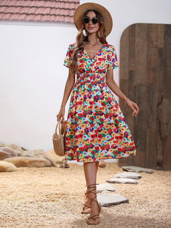 Summer new elegant casual vacation V-neck floral print short-sleeved dress